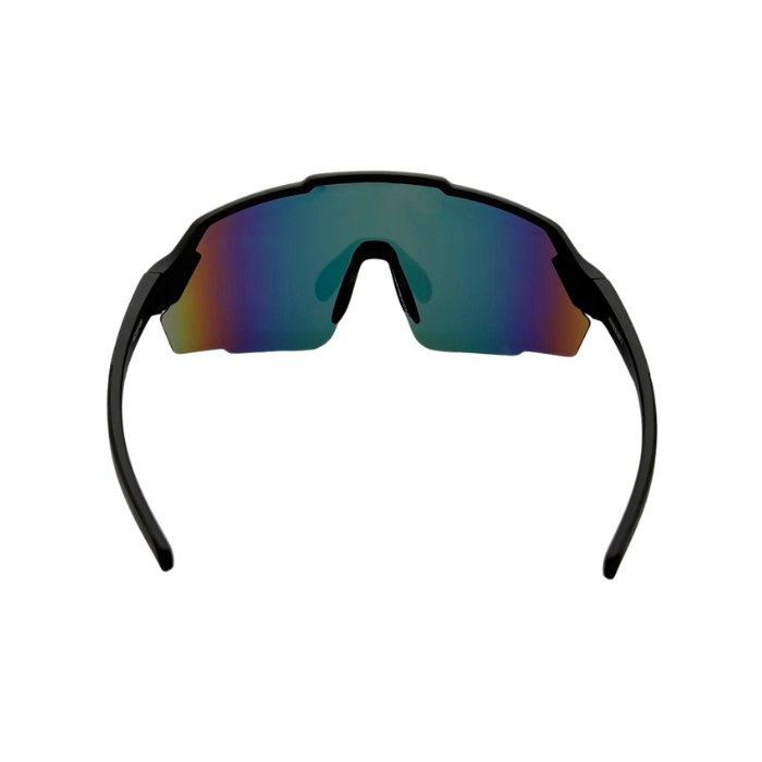 Sunglasses with black frame and multicolored lenses on a white background