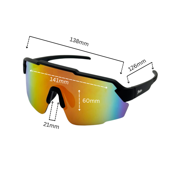 Sunglasses with measurements on a white background