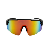 Sunglasses with colorful reflective lenses on a white background