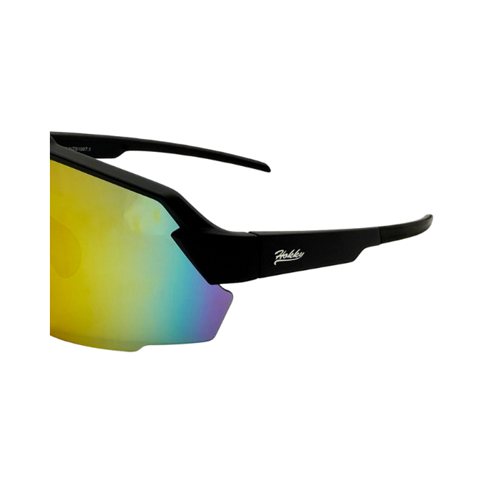 Sunglasses with black frame and multicolored lens on a white background