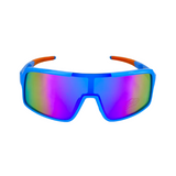 Kids' sunglasses with blue frames and red accents on the arms, featuring rainbow colour lenses.