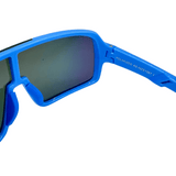 Hinges of Kids' sunglasses with blue frames and red accents on the arms, featuring rainbow colour lenses.
