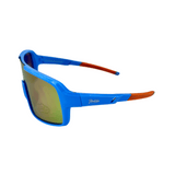 Side View of Kids' sunglasses with blue frames and red accents on the arms, featuring rainbow colour lenses.