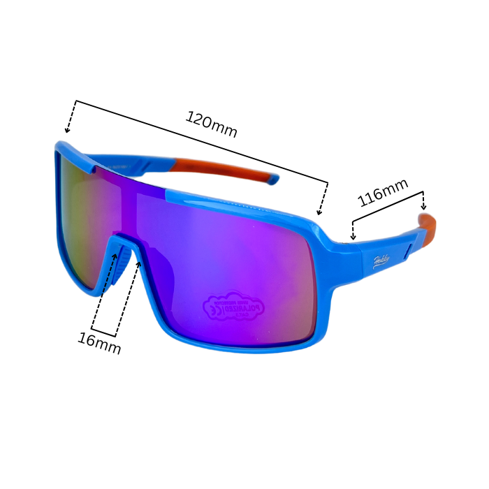 Dimension of Kids' sunglasses with blue frames and red accents on the arms, featuring rainbow colour lenses.