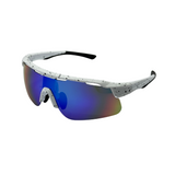 A pair of white 'Stridex' running/cycling sunglasses with blue mirrored polarized lenses and black accents.