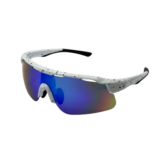 A pair of white 'Stridex' running/cycling sunglasses with blue mirrored polarized lenses and black accents.