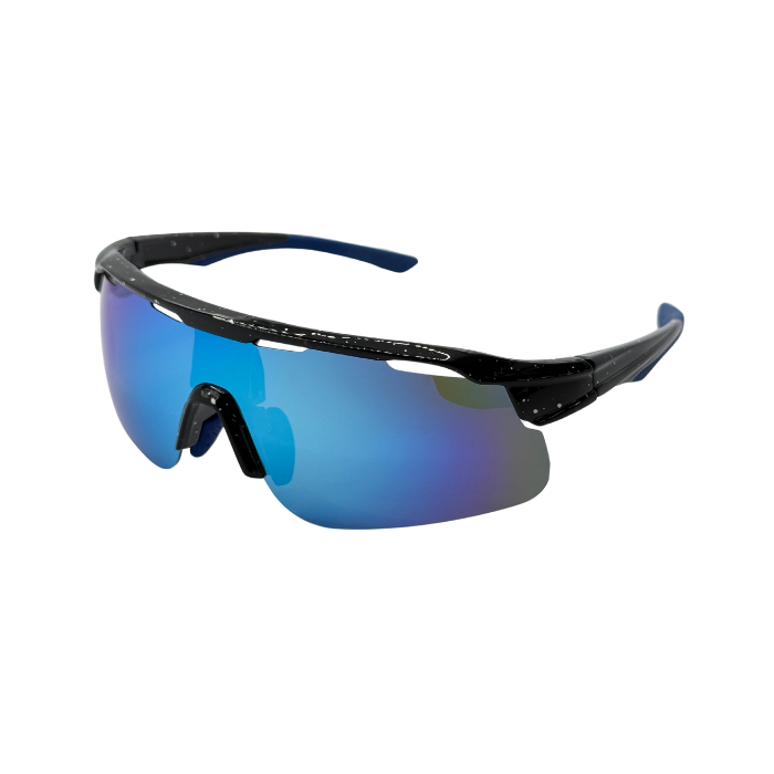 A pair of black 'Stridex' running/cycling sunglasses with blue mirrored polarized lenses and black accents.