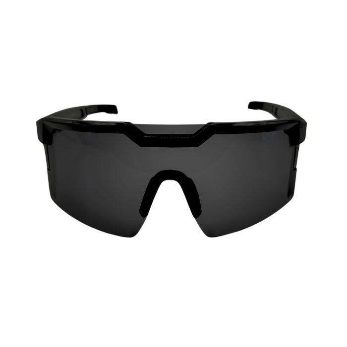 A pair of black Hokky Swift sunglasses with reflective black-to-white gradient lenses designed for running.