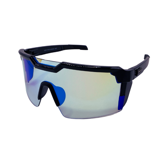 A pair of black Hokky Swift sunglasses with reflective blue-to-white gradient lenses designed for cycling.