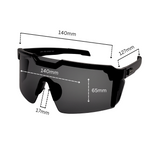 Dimensions of black Hokky Swift sunglasses with reflective black-to-white gradient lenses designed for cycling.