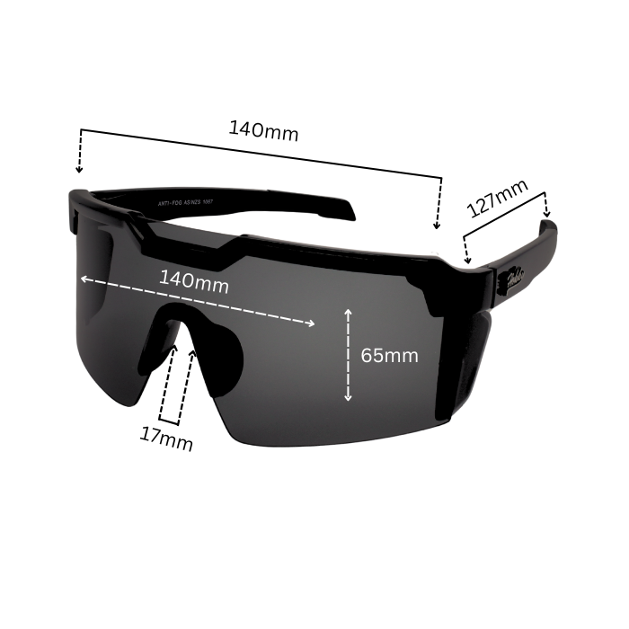 Dimensions of black Hokky Swift sunglasses with reflective black-to-white gradient lenses designed for cycling.