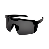 A pair of black Hokky Swift sunglasses with reflective black-to-white gradient lenses designed for hiking.