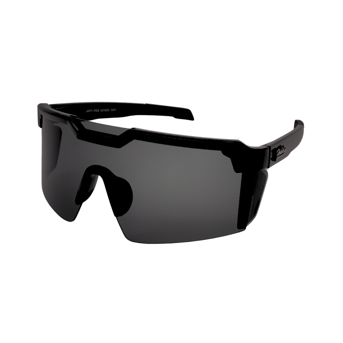 A pair of black Hokky Swift sunglasses with reflective black-to-white gradient lenses designed for hiking.
