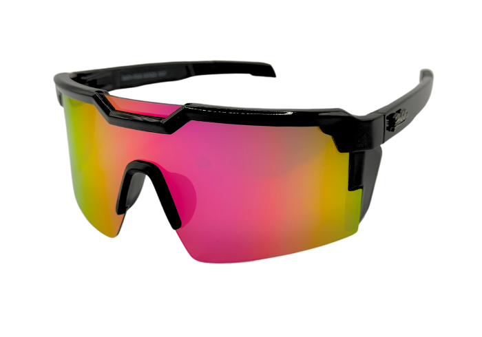 A pair of black Hokky Swift sunglasses with reflective pink-to-yellow gradient lenses designed for cycling.