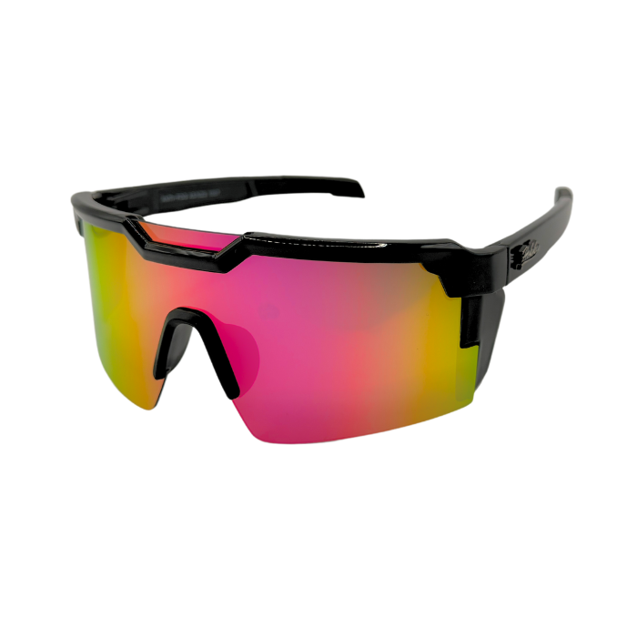 A pair of black Hokky Swift sunglasses with reflective pink-to-yellow gradient lenses designed for cycling.