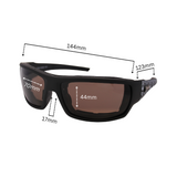 Dimension of A pair of black motorcycle goggles with polarized lenses and decorative silver accents on the arms.