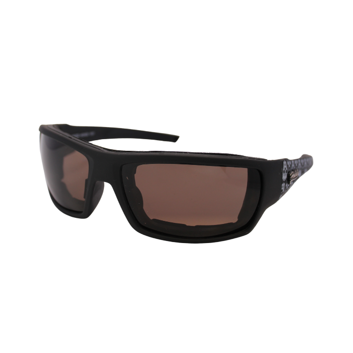 A pair of black motorcycle goggles with polarized lenses and decorative silver accents on the arms.