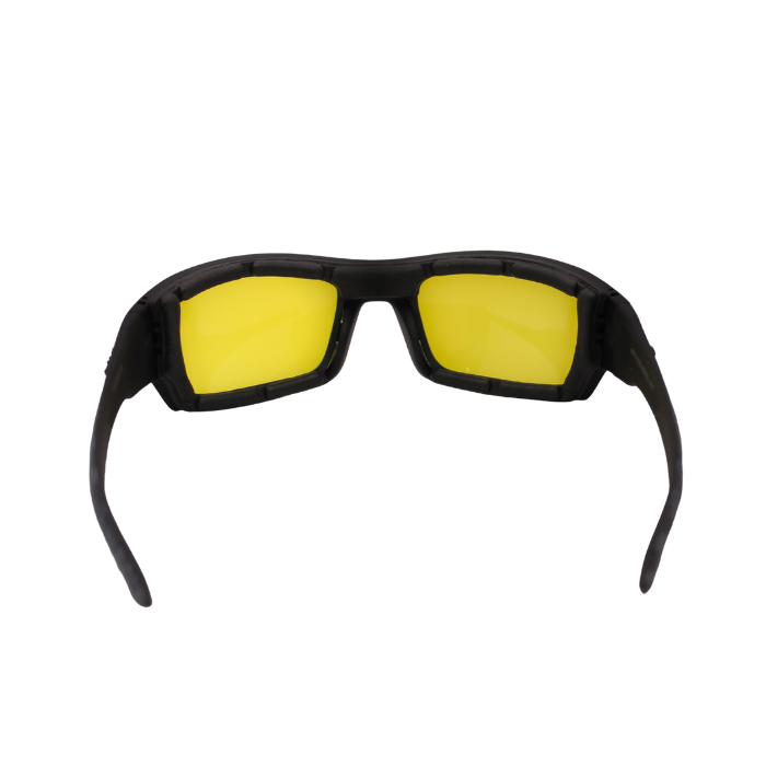 Back View black motorcycle goggles with polarized lenses and decorative silver accents on the arms.
