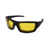 A pair of black motorcycle goggles with yellow lenses and decorative silver accents on the arms.