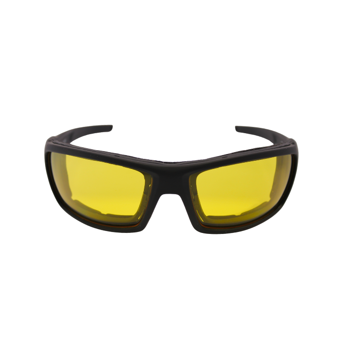 A pair of black motorcycle goggles with anti glare yellow lenses and decorative silver accents on the arms.