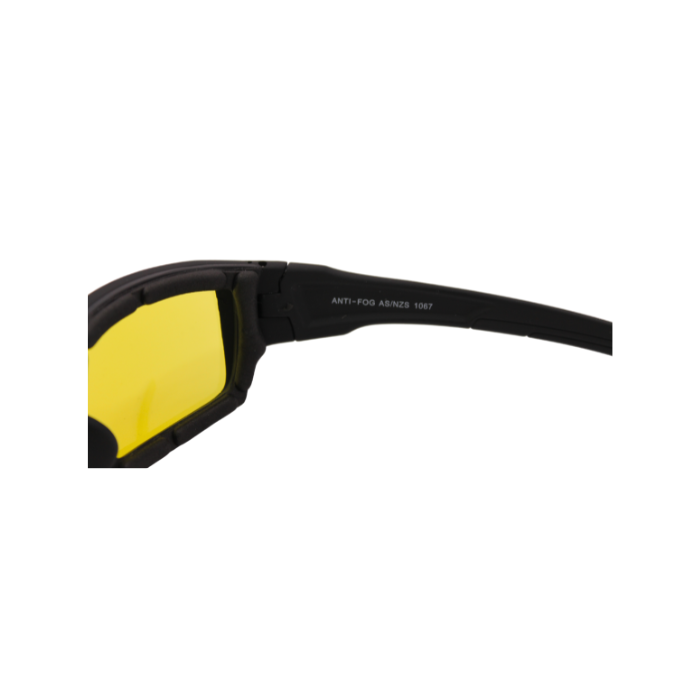 Hinges of black motorcycle goggles with polarized lenses and decorative silver accents on the arms.