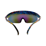 Back View of 'Tidal' 2 in 1 visor sunglasses with a multicolored frame and blue polarized lenses.