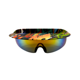 Front View of 'Tidal' 2 in 1 visor sunglasses with a multicolored frame and graffiti polarized lenses.
