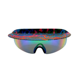 Front View of 'Tidal' 2 in 1 visor sunglasses with a multicolored frame and blue polarized lenses.