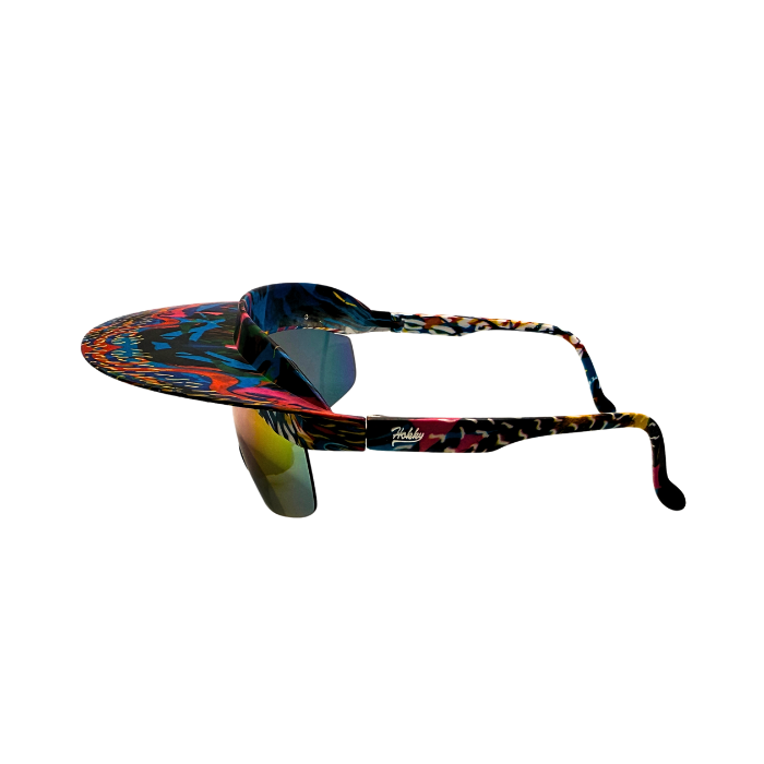 Side View of 'Tidal' 2 in 1 visor sunglasses with a multicolored frame and blue polarized lenses.