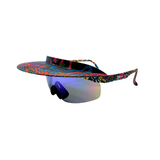 A pair of 'Tidal' 2 in 1 visor sunglasses with a multicolored frame and blue polarized lenses.