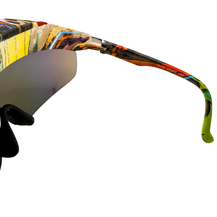 Hinges of 'Tidal' 2 in 1 visor sunglasses with a multicolored frame and graffiti polarized lenses.