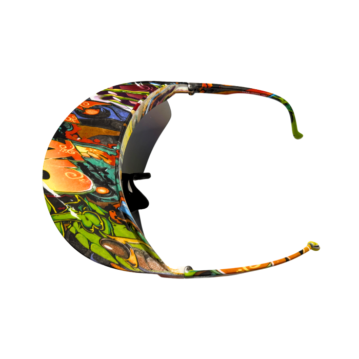 Top View of 'Tidal' 2 in 1 visor sunglasses with a multicolored frame and blue polarized lenses.
