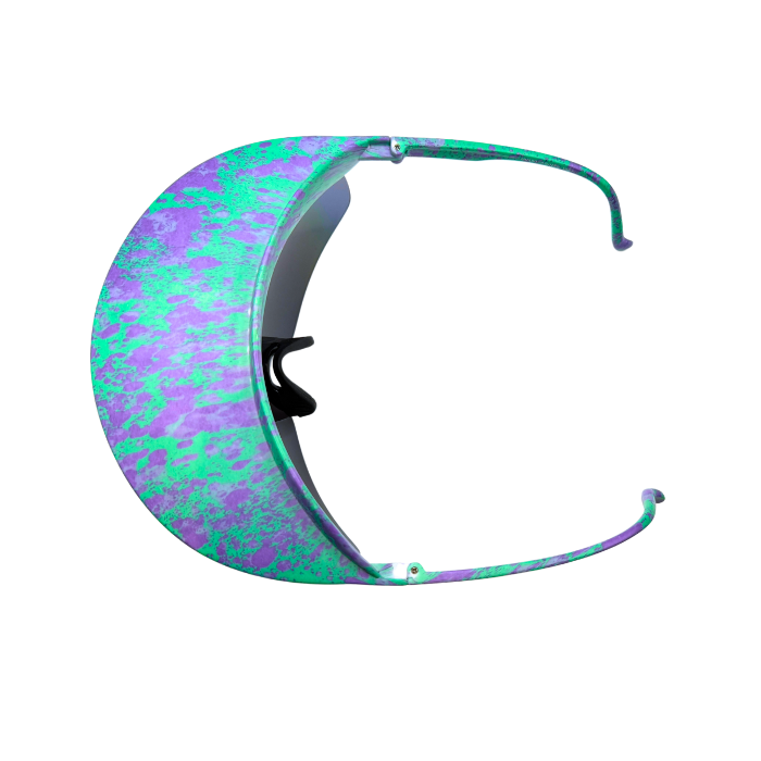Top View of 'Tidal' 2 in 1 visor sunglasses with a multicolored frame and Purple and haze polarized lenses.