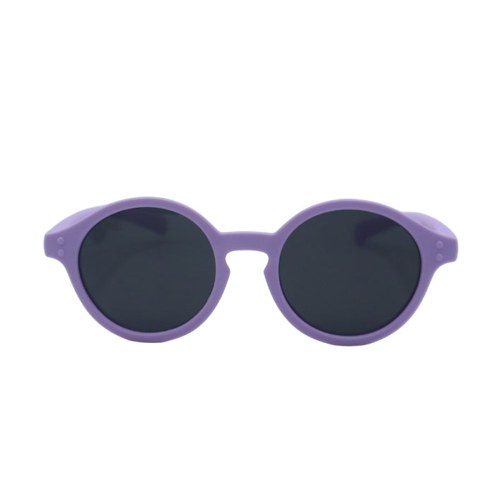 Purple sunglasses with dark lenses on a white background
