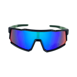 Kids' sunglasses with black and white speckle design frame and blue polarized lenses, designed for outdoor use.