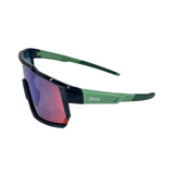 side view with hokky log of Kids' sunglasses with green and black colour frame and blue polarized lenses, designed for outdoor use.