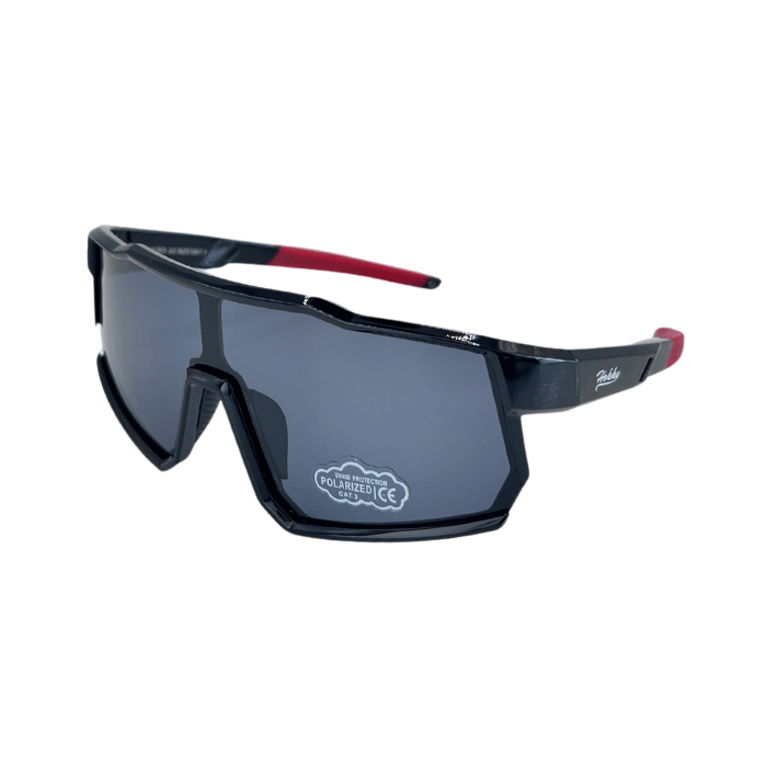 Kids' sunglasses with black and red colour frame and grey polarized lenses, designed for outdoor use.