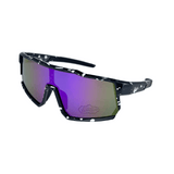 Kids' sunglasses with a Black and white speckled frame and blue polarised lenses, designed for outdoor use.