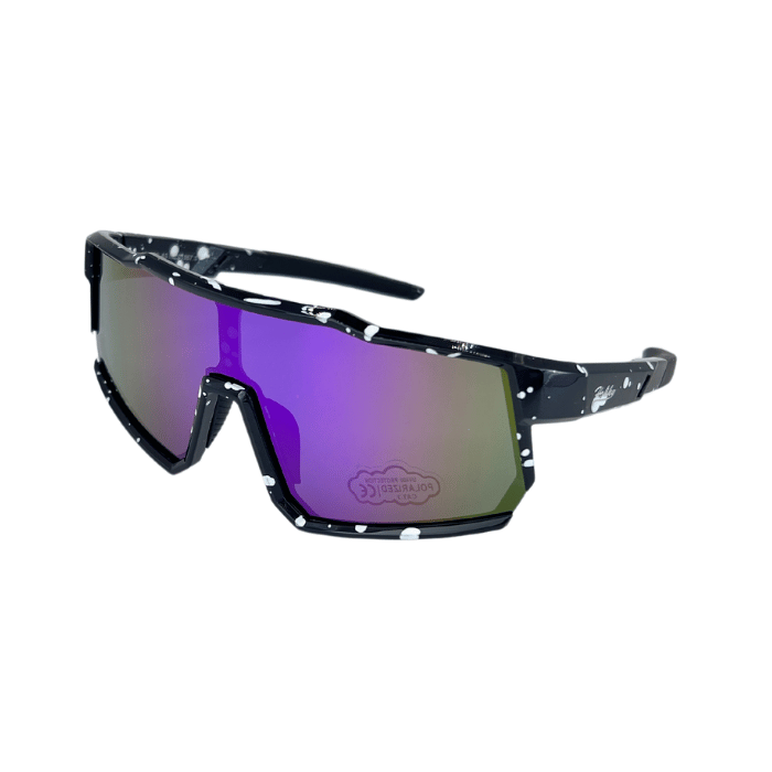 Kids' sunglasses with a Black and white speckled frame and blue polarised lenses, designed for outdoor use.