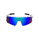 Kids' sunglasses with white and black speckle design frame and blue polarized lenses, designed for outdoor use.