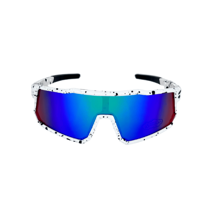 Kids' sunglasses with white and black speckle design frame and blue polarized lenses, designed for outdoor use.