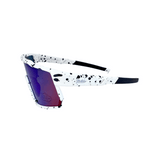 side view of Kids' sunglasses with white and black speckle design frame and blue polarized lenses, designed for outdoor use.