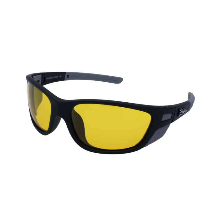 A pair of black sports sunglasses with polarized yellow lenses designed for outdoor activities like surfing.