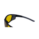 Hinges of black sports sunglasses with polarized yellow lenses designed for outdoor activities like surfing.