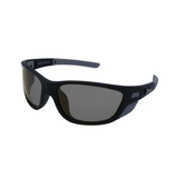 A pair of black sports sunglasses with polarised anti-fog lenses designed for outdoor activities like surfing.