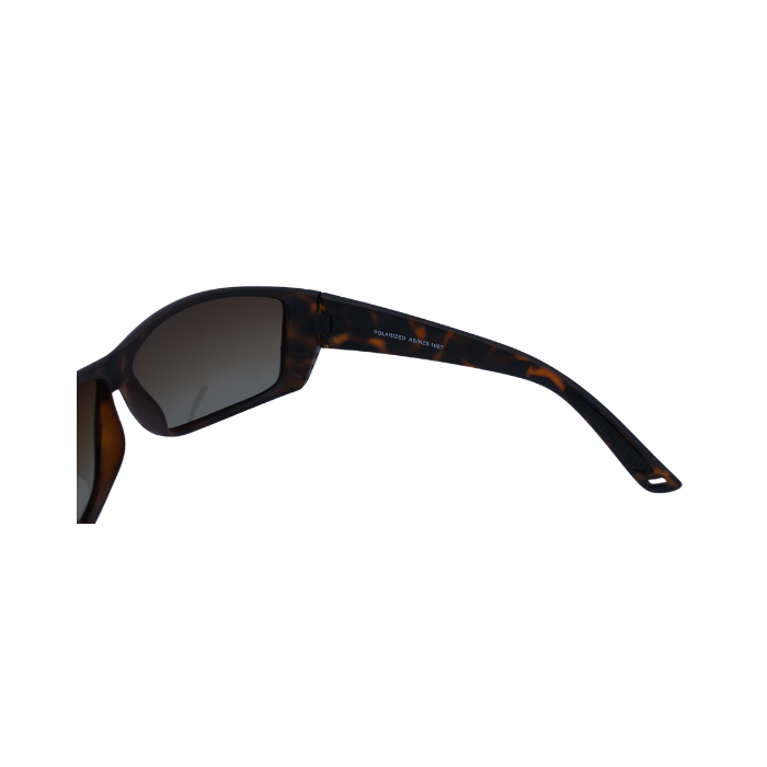 Hinges of 'Ventura' sport sunglasses with a tortoiseshell pattern frame and blue polarized lenses.