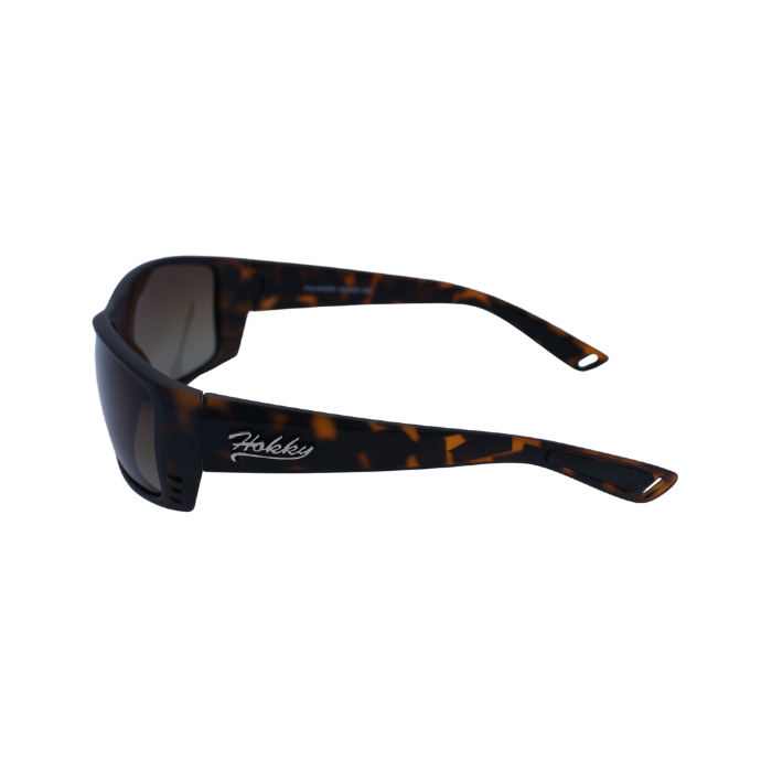 Side View of 'Ventura' sport sunglasses with a tortoiseshell pattern frame and blue polarized lenses.