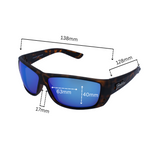 Dimension of 'Ventura' sport sunglasses with a tortoiseshell pattern frame and blue polarized lenses.