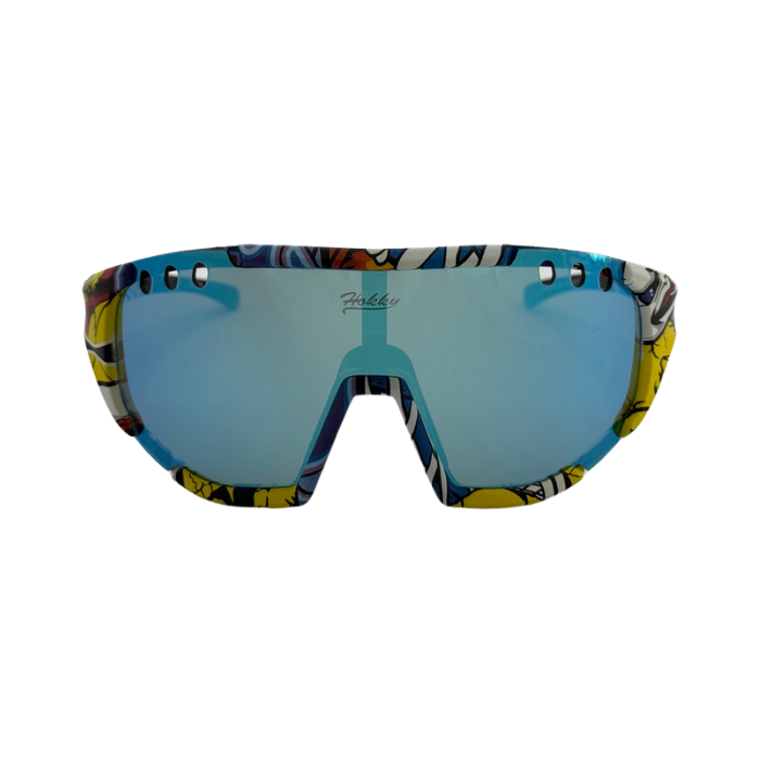 Sunglasses with a colourful frame and blue lenses on a white background