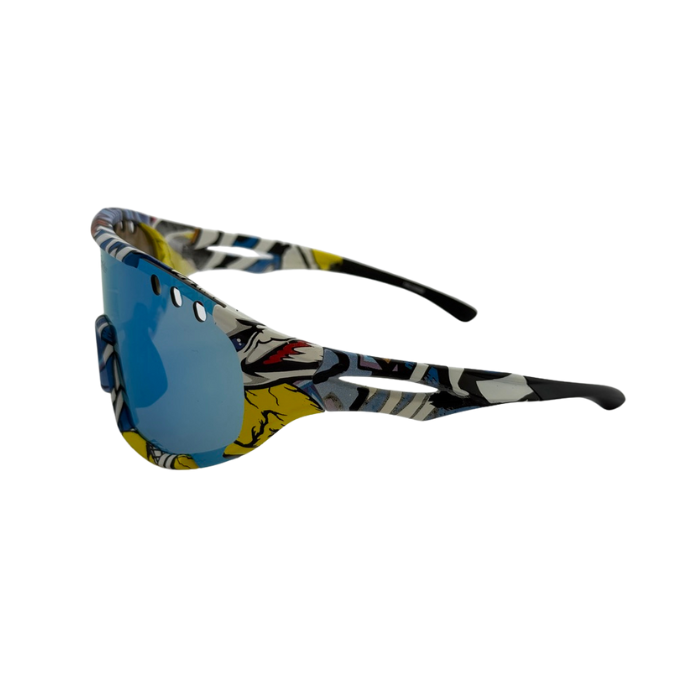 Colourful sunglasses with a patterned frame on a white background